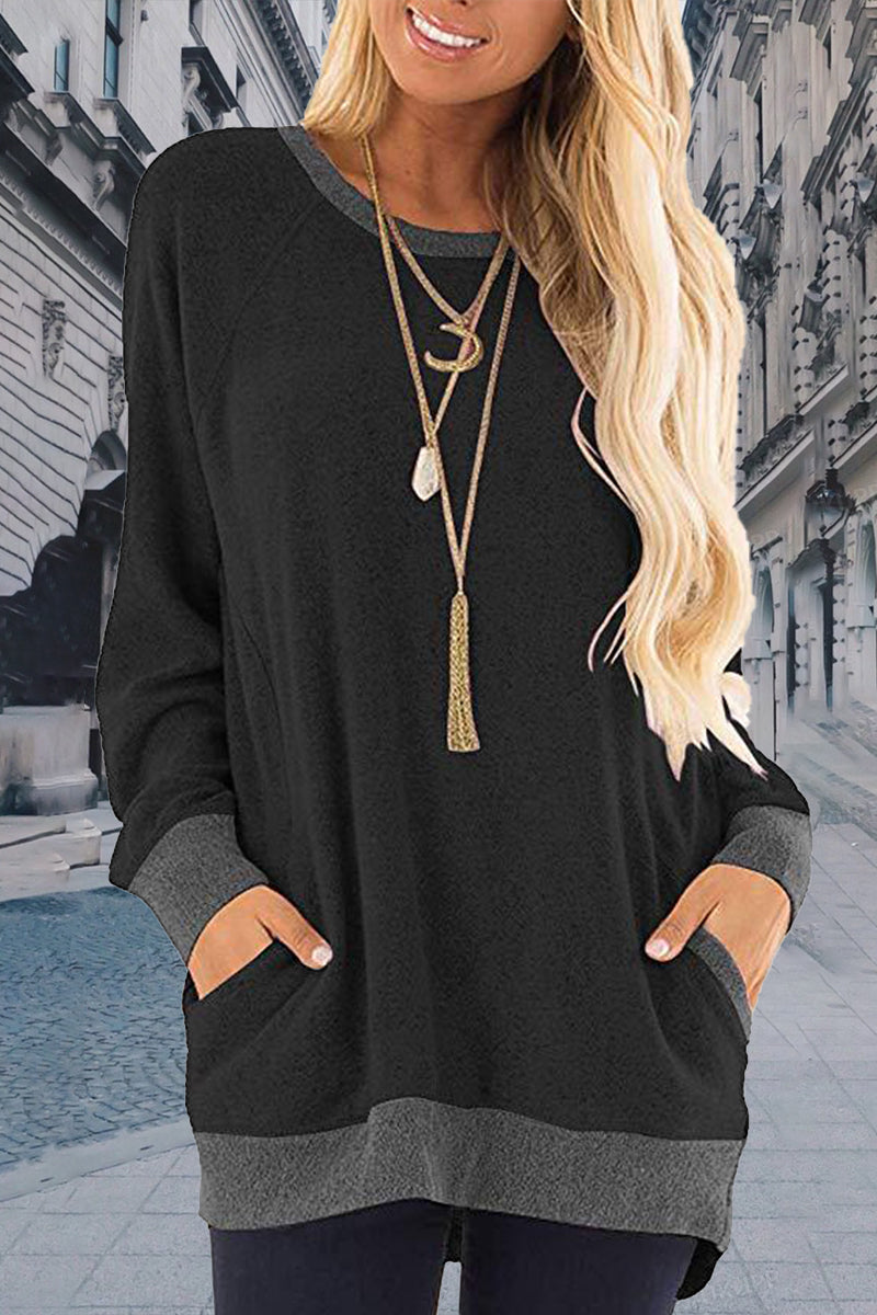 Sudadera informal, elegante y con cuello redondo y contraste sólido (11 colores)