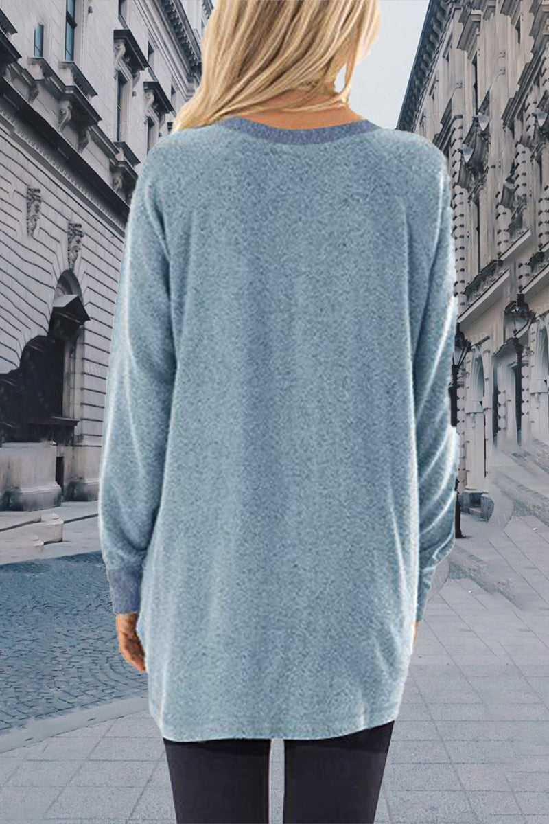Sudadera informal, elegante y con cuello redondo y contraste sólido (11 colores)