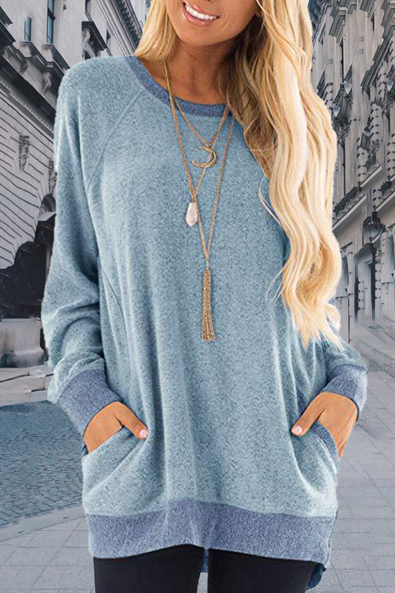 Sudadera informal, elegante y con cuello redondo y contraste sólido (11 colores)