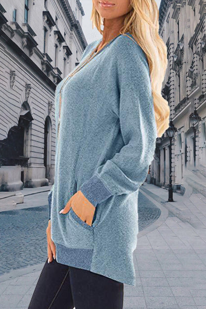 Sudadera informal, elegante y con cuello redondo y contraste sólido (11 colores)