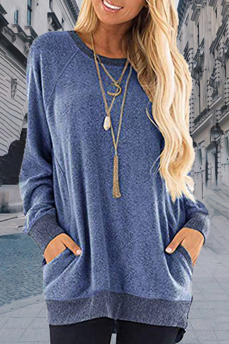 Sudadera informal, elegante y con cuello redondo y contraste sólido (11 colores)