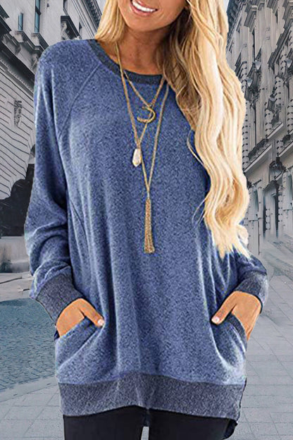 Sudadera informal, elegante y con cuello redondo y contraste sólido (11 colores)