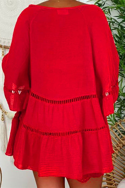 Vestidos casuales de manga larga con cuello en V y parches lisos (4 colores)
