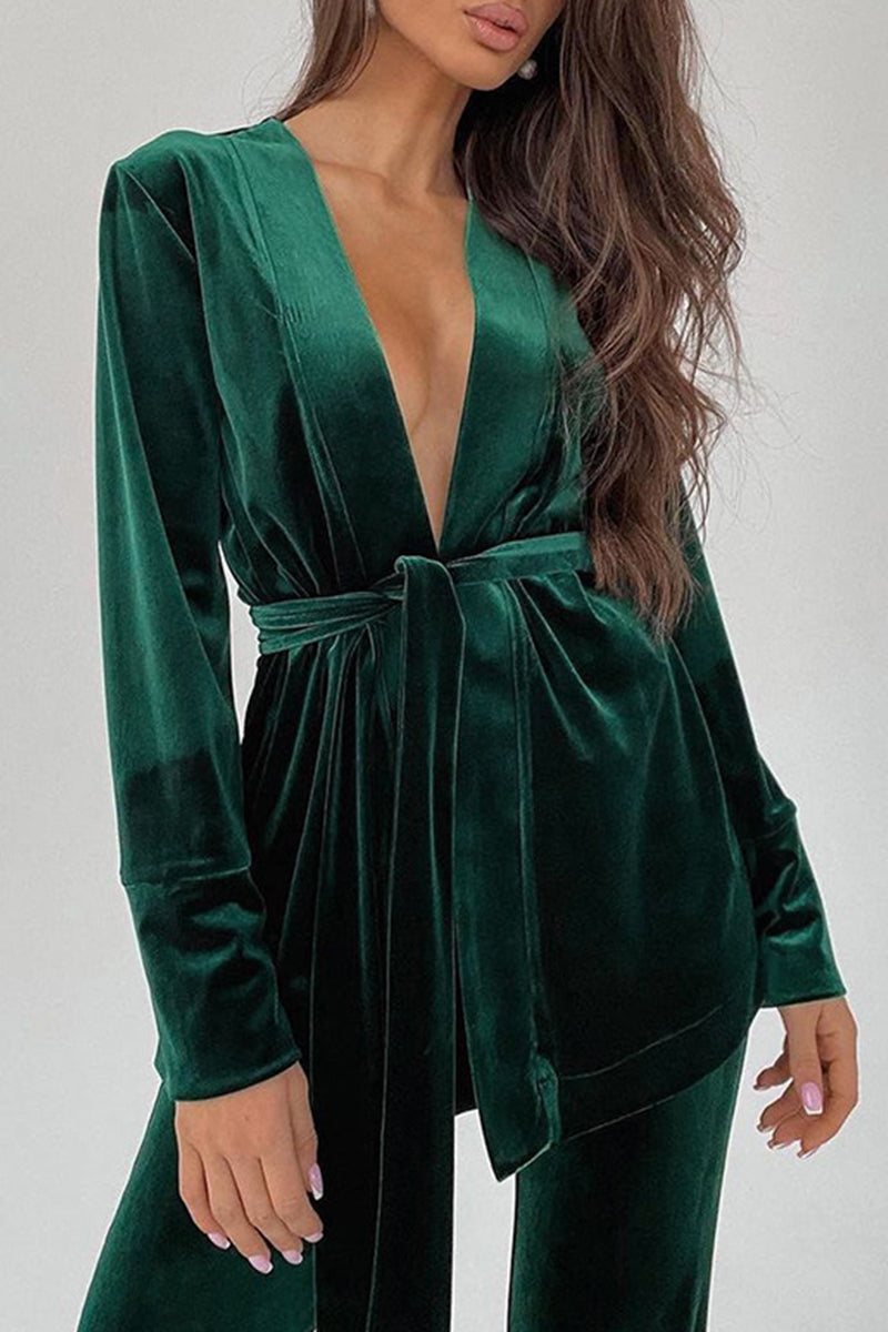 Elegante conjunto de dos piezas con escote en V, manga larga y frenillo liso (3 colores)