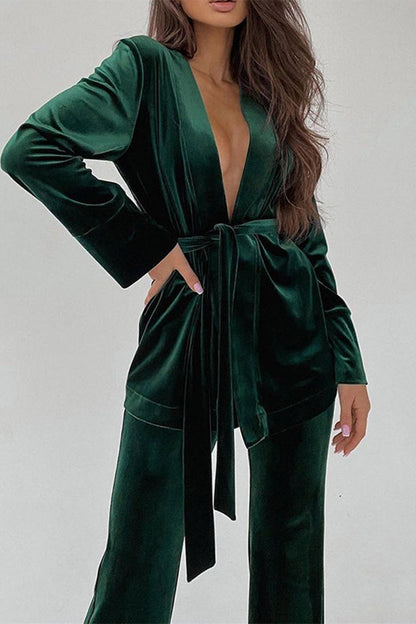 Elegante conjunto de dos piezas con escote en V, manga larga y frenillo liso (3 colores)
