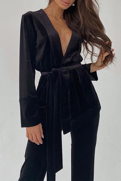 Elegante conjunto de dos piezas con escote en V, manga larga y frenillo liso (3 colores)