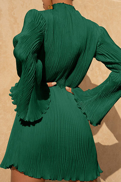 Vestidos casuales lisos de patchwork con pliegues y cuello redondo rectos