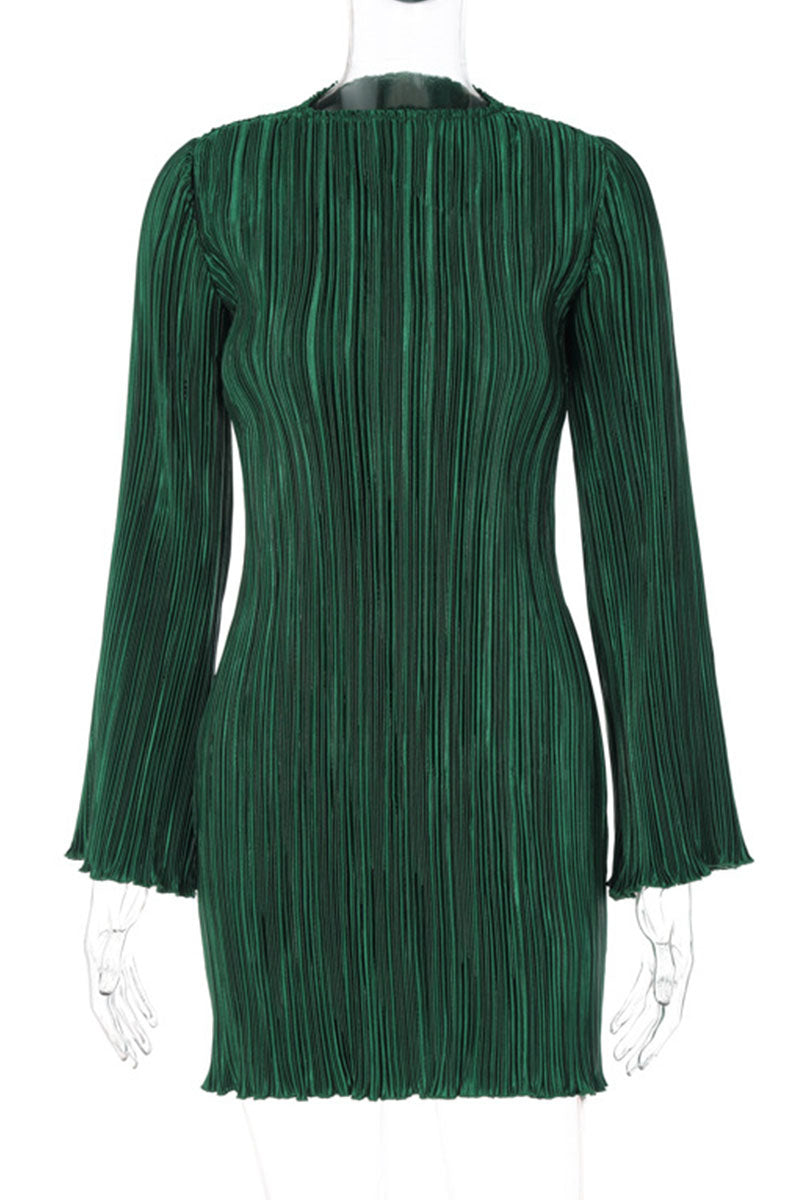 Vestidos casuales lisos de patchwork con pliegues y cuello redondo rectos