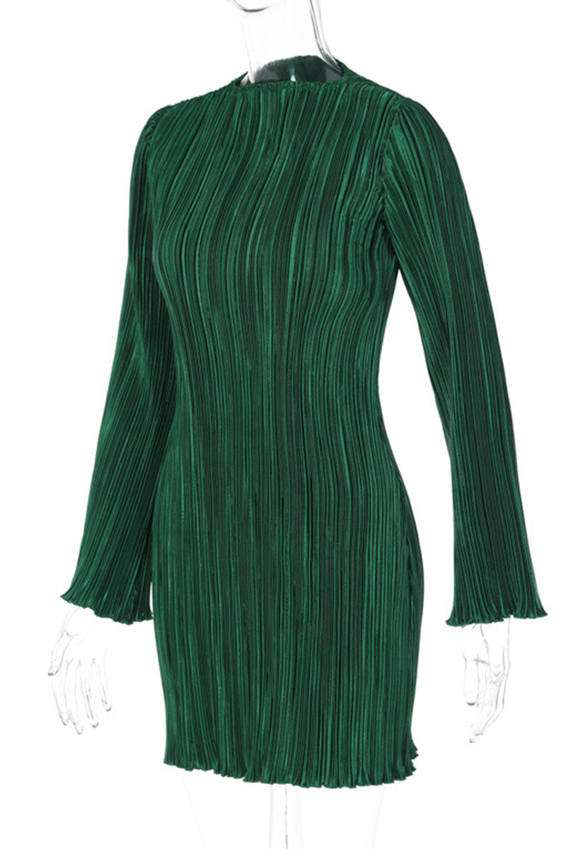 Vestidos casuales lisos de patchwork con pliegues y cuello redondo rectos