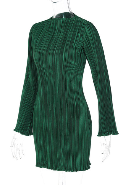 Vestidos casuales lisos de patchwork con pliegues y cuello redondo rectos