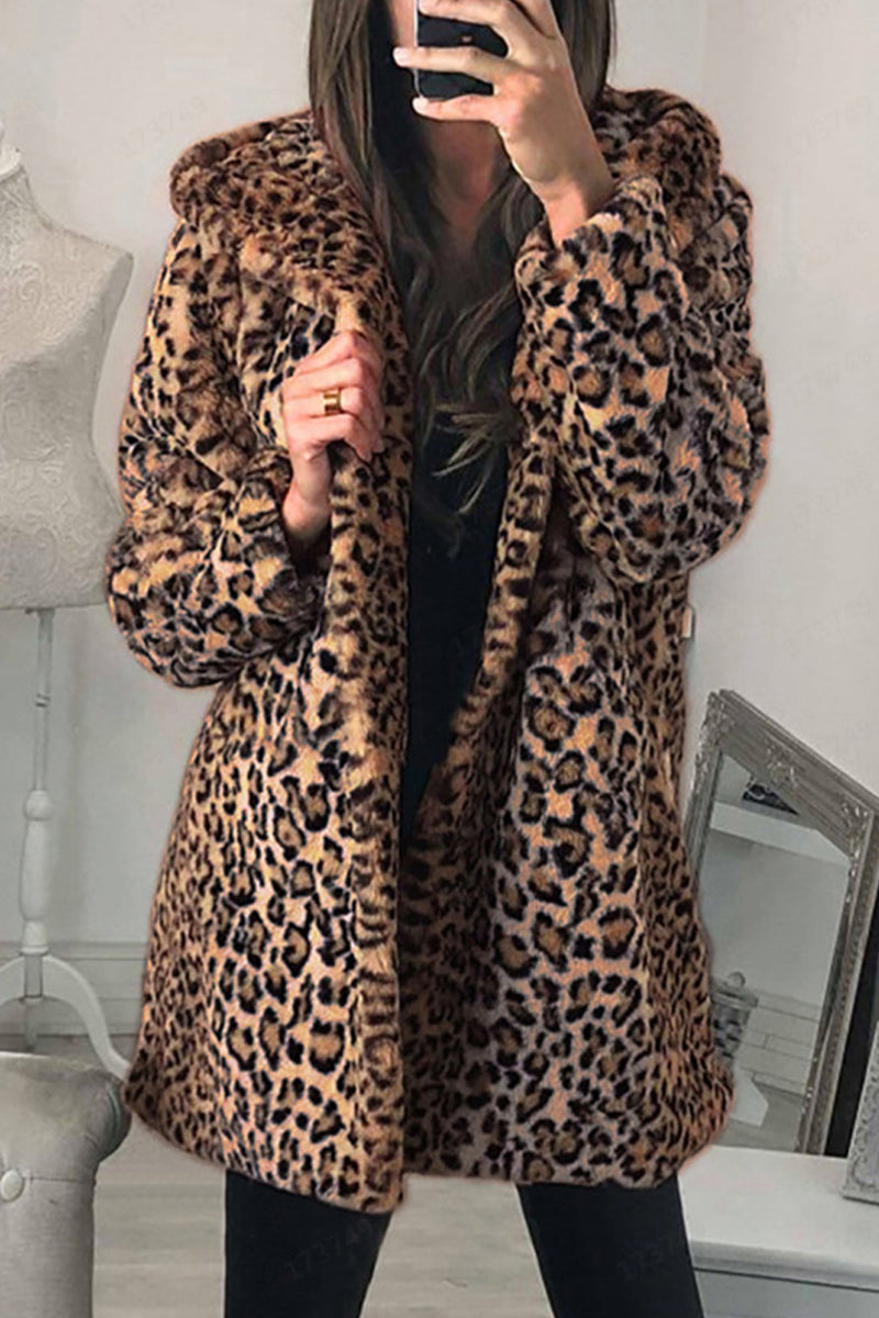 Prendas de abrigo informales con cuello y capucha y estampado de leopardo para uso diario
