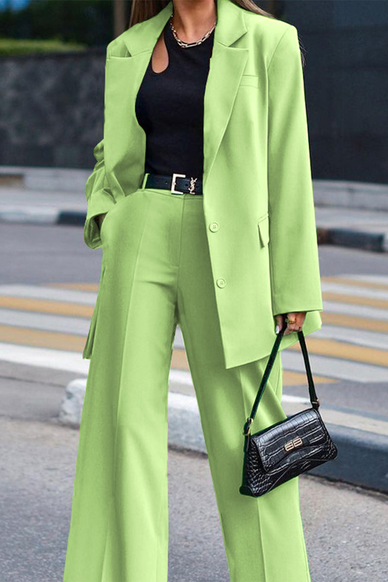 Conjunto de traje casual de 2 piezas de manga larga color verde hierba liso