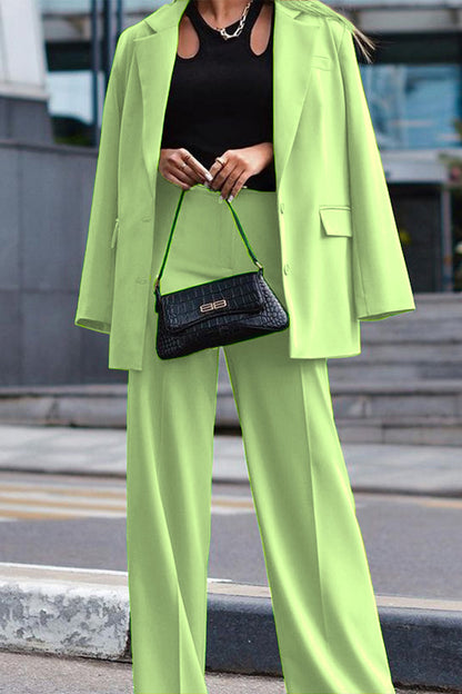 Conjunto de traje casual de 2 piezas de manga larga color verde hierba liso