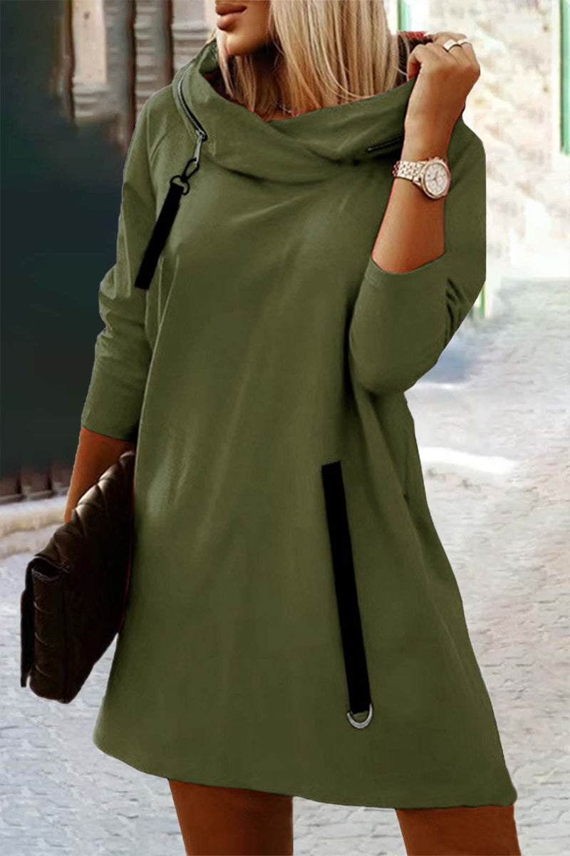 Vestidos casuales de calle, lisos, con cremallera, cuello con capucha, corte A (5 colores)