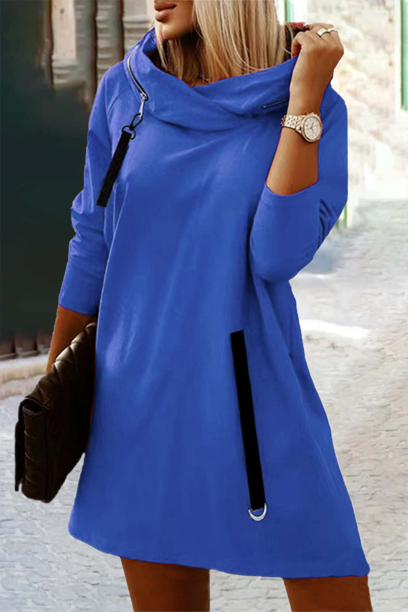 Vestidos casuales de calle, lisos, con cremallera, cuello con capucha, corte A (5 colores)