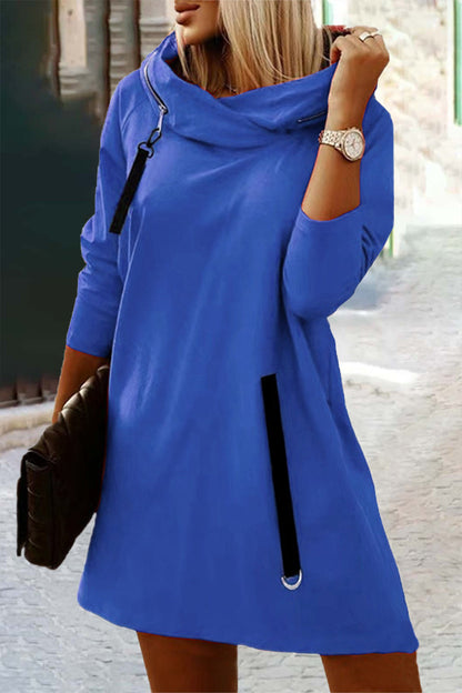 Vestidos casuales de calle, lisos, con cremallera, cuello con capucha, corte A (5 colores)