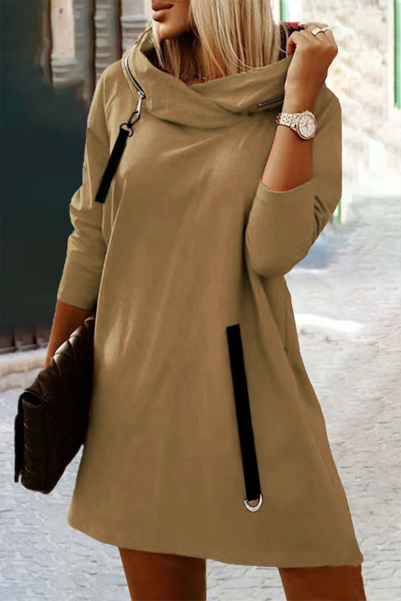 Vestidos casuales de calle, lisos, con cremallera, cuello con capucha, corte A (5 colores)