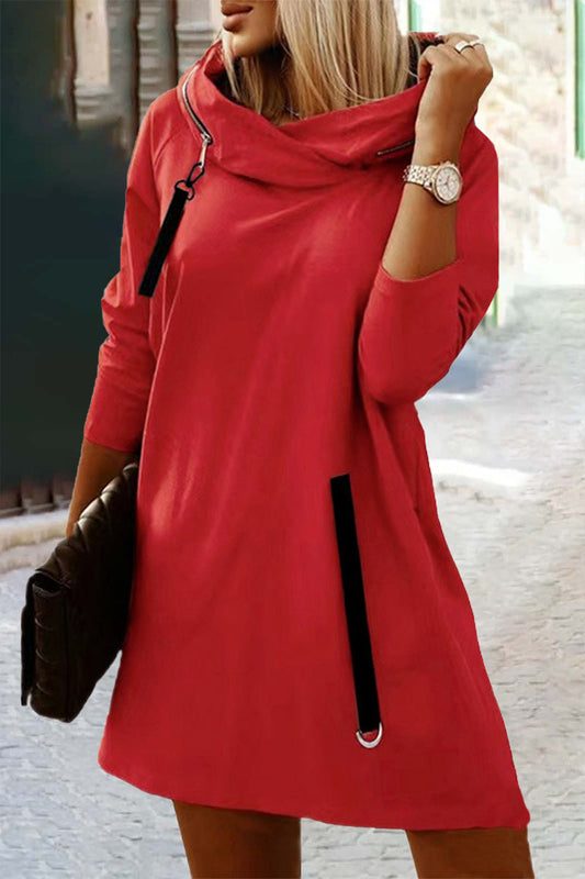 Vestidos casuales de calle, lisos, con cremallera, cuello con capucha, corte A (5 colores)