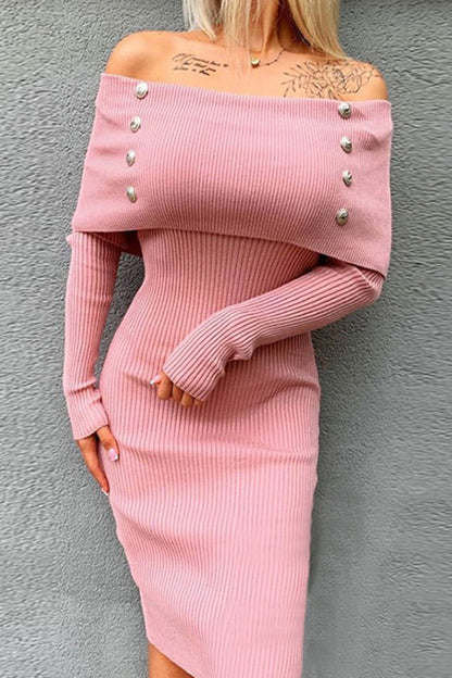Vestidos elegantes y dulces con falda de un solo paso, hombros descubiertos y botones sólidos