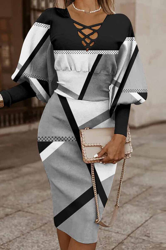 Vestidos casuales de manga larga con cuello en V y estampado de patchwork