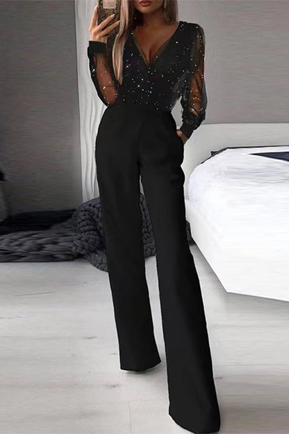 Monos rectos con cuello en V y patchwork elegantes y sexys