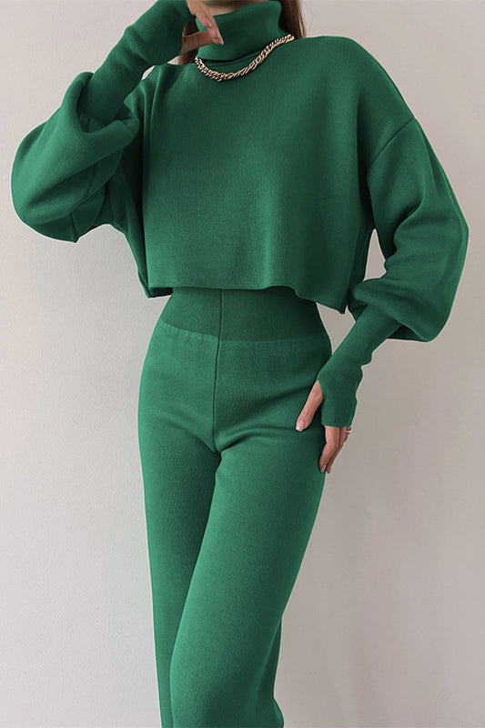 Conjunto informal de dos piezas con cuello alto, manga larga y color liso (5 colores)