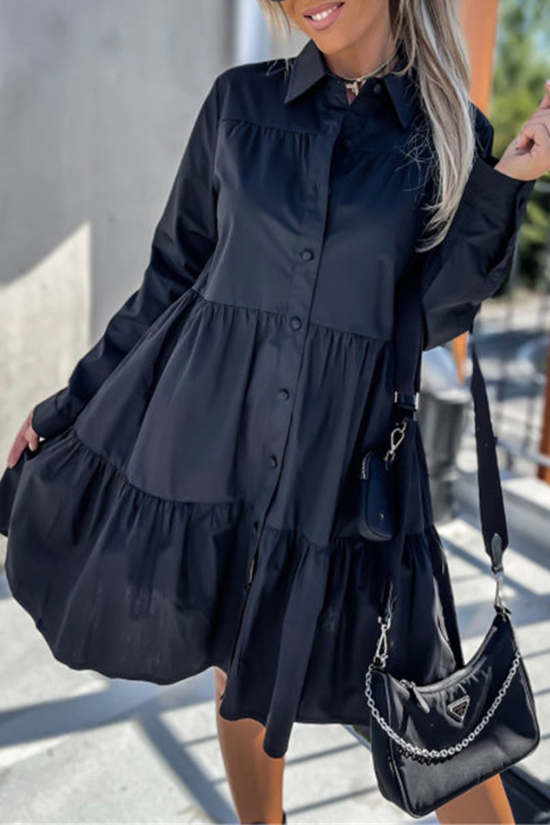 Vestido camisero informal con cuello vuelto y hebilla (4 colores)