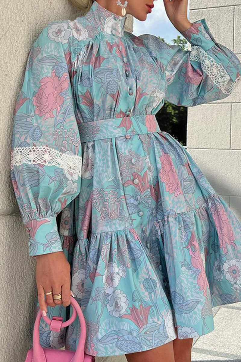 Vestidos casuales de cuello alto con estampado de patchwork y corte A