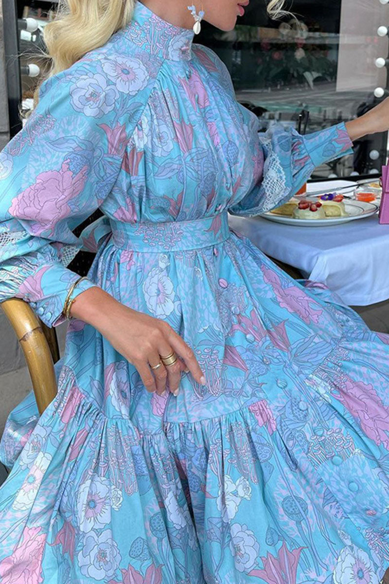 Vestidos casuales de cuello alto con estampado de patchwork y corte A