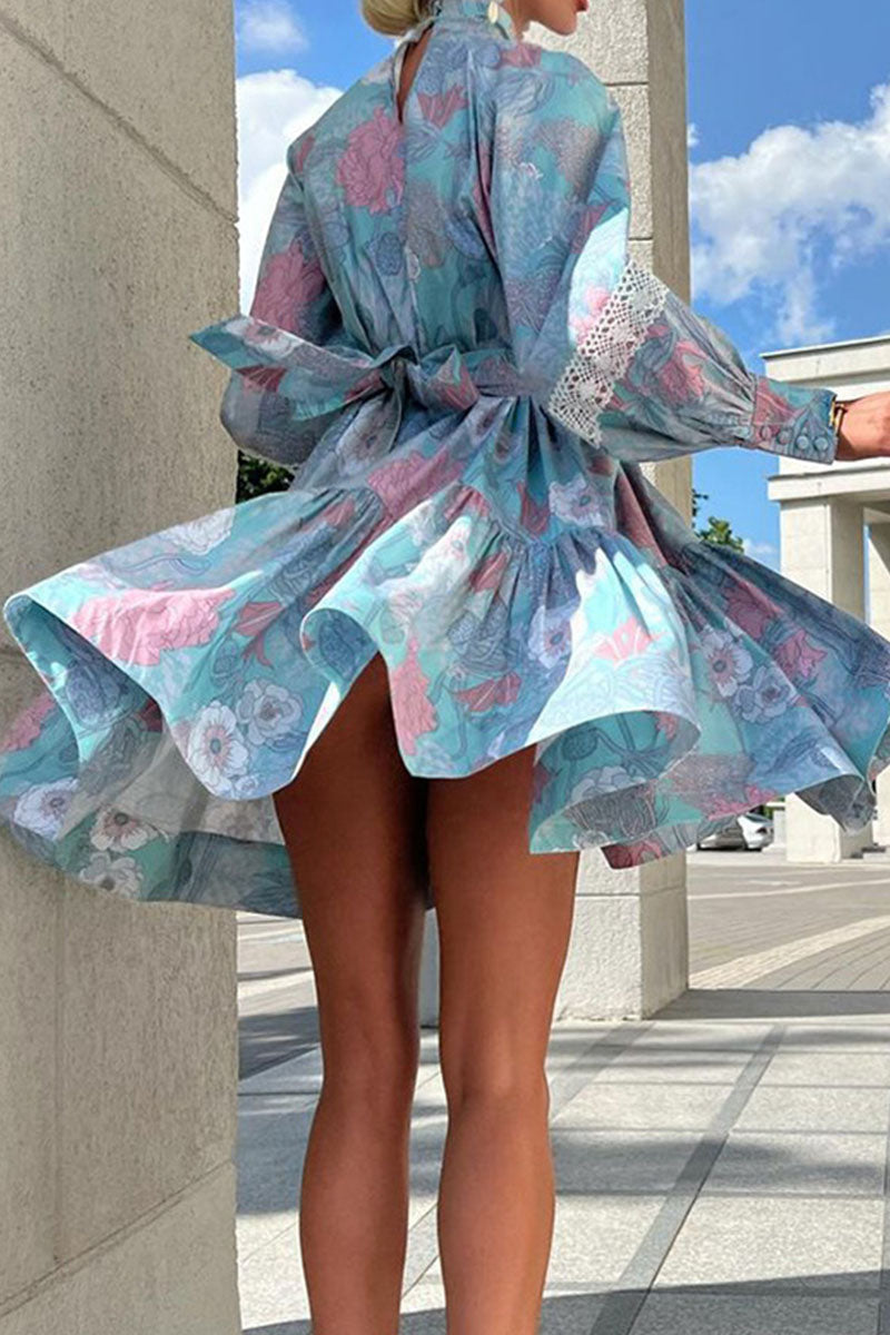 Vestidos casuales de cuello alto con estampado de patchwork y corte A