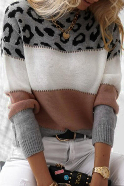 Suéteres casuales de cuello redondo con contraste de leopardo (5 colores)
