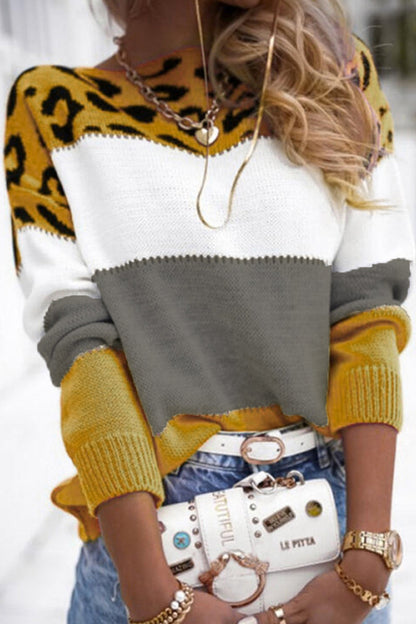 Suéteres casuales de cuello redondo con contraste de leopardo (5 colores)