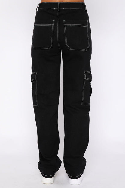 Pantalones de parche rectos de cintura media con bolsillos lisos de calle