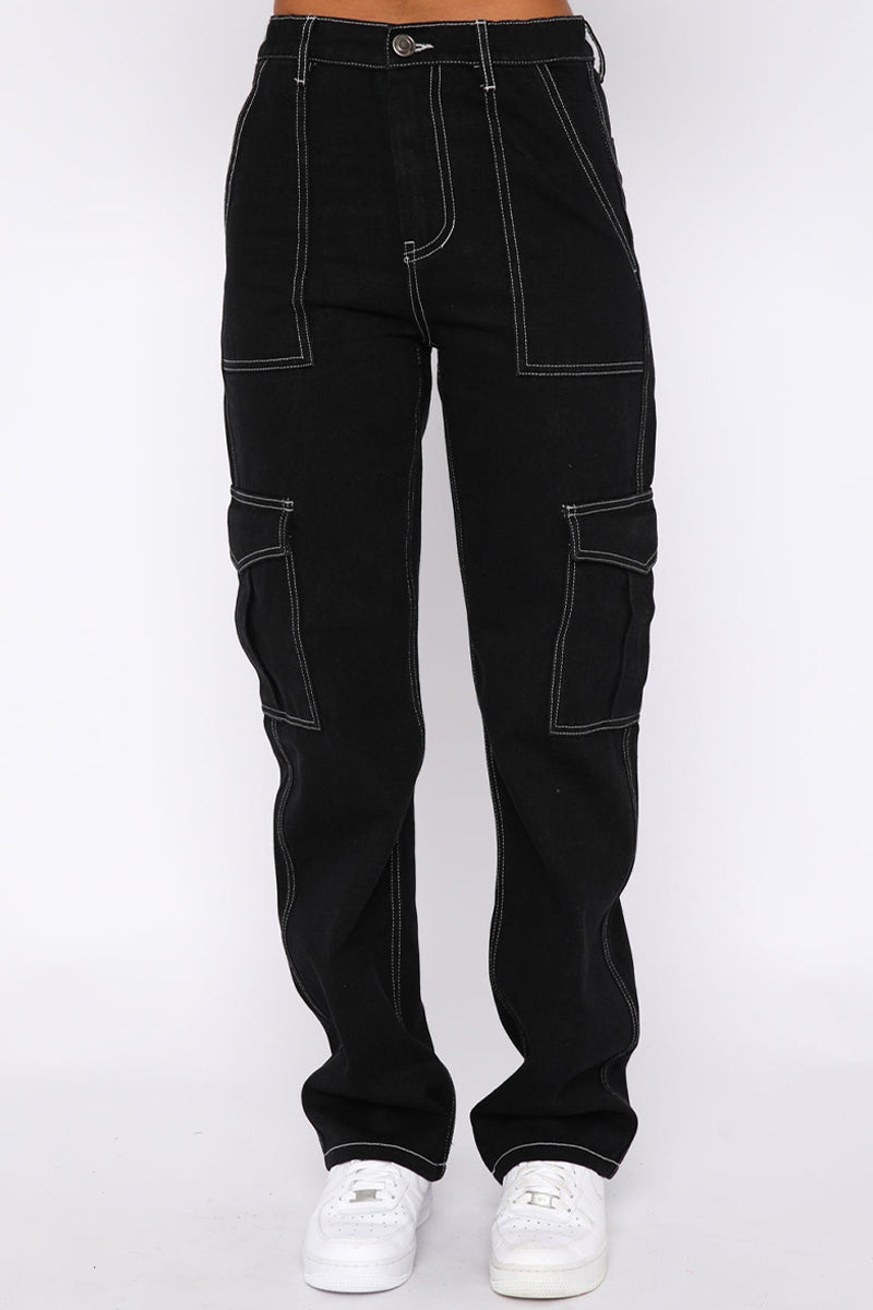 Pantalones de parche rectos de cintura media con bolsillos lisos de calle