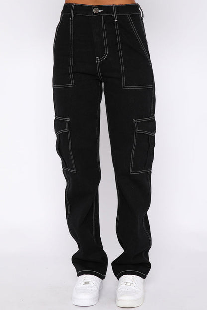 Pantalones de parche rectos de cintura media con bolsillos lisos de calle