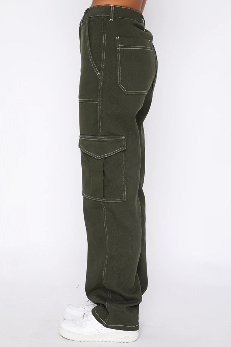 Pantalones de parche rectos de cintura media con bolsillos lisos de calle