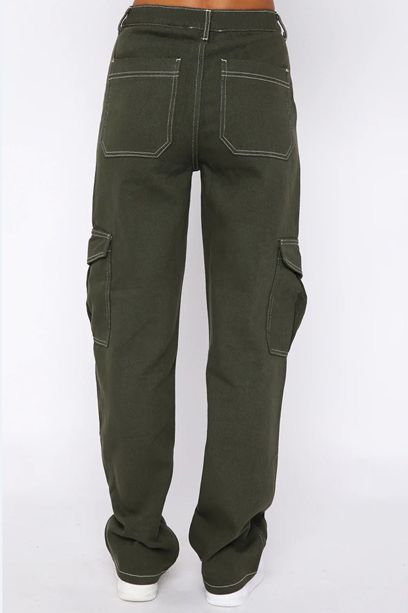 Pantalones de parche rectos de cintura media con bolsillos lisos de calle