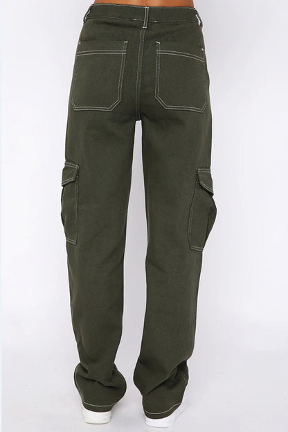 Pantalones de parche rectos de cintura media con bolsillos lisos de calle