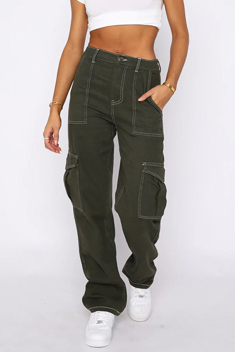 Pantalones de parche rectos de cintura media con bolsillos lisos de calle