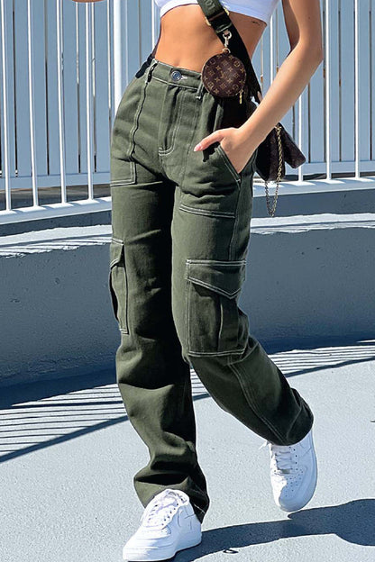 Pantalones de parche rectos de cintura media con bolsillos lisos de calle