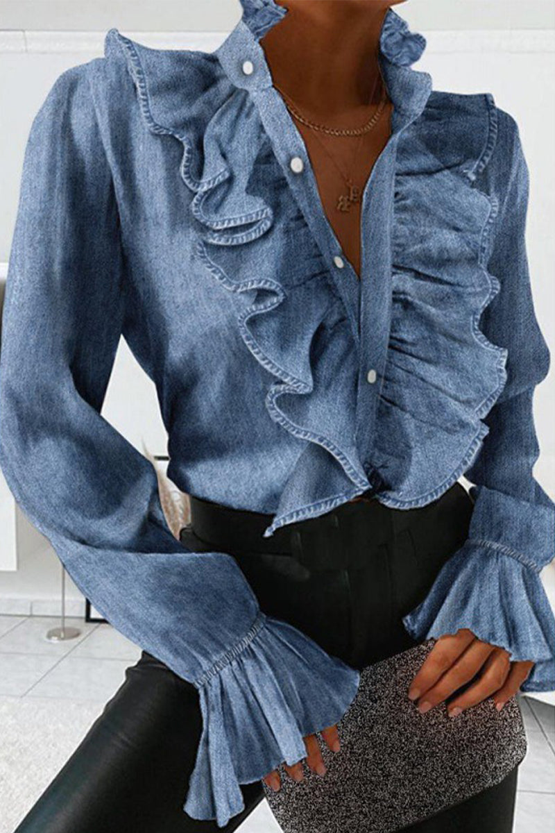 Blusas elegantes y dulces con cuello mandarín y patchwork liso