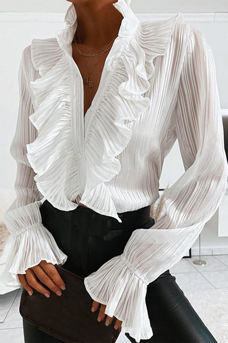 Blusas elegantes y dulces con cuello mandarín y patchwork liso