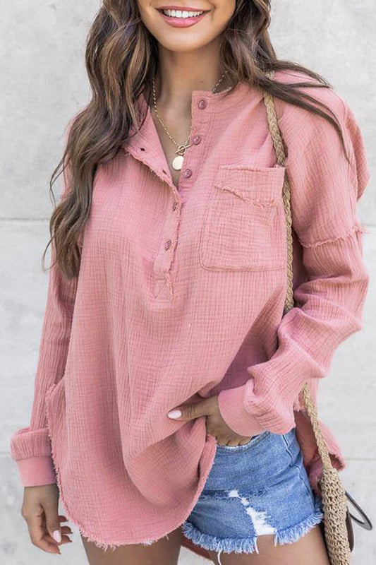 Tops casuales de cuello redondo con botones sólidos