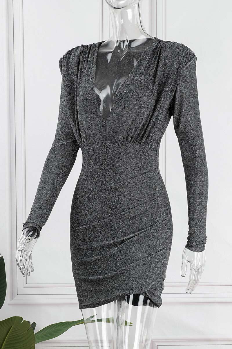 Vestidos sexis de manga larga con cuello en V y patchwork liso