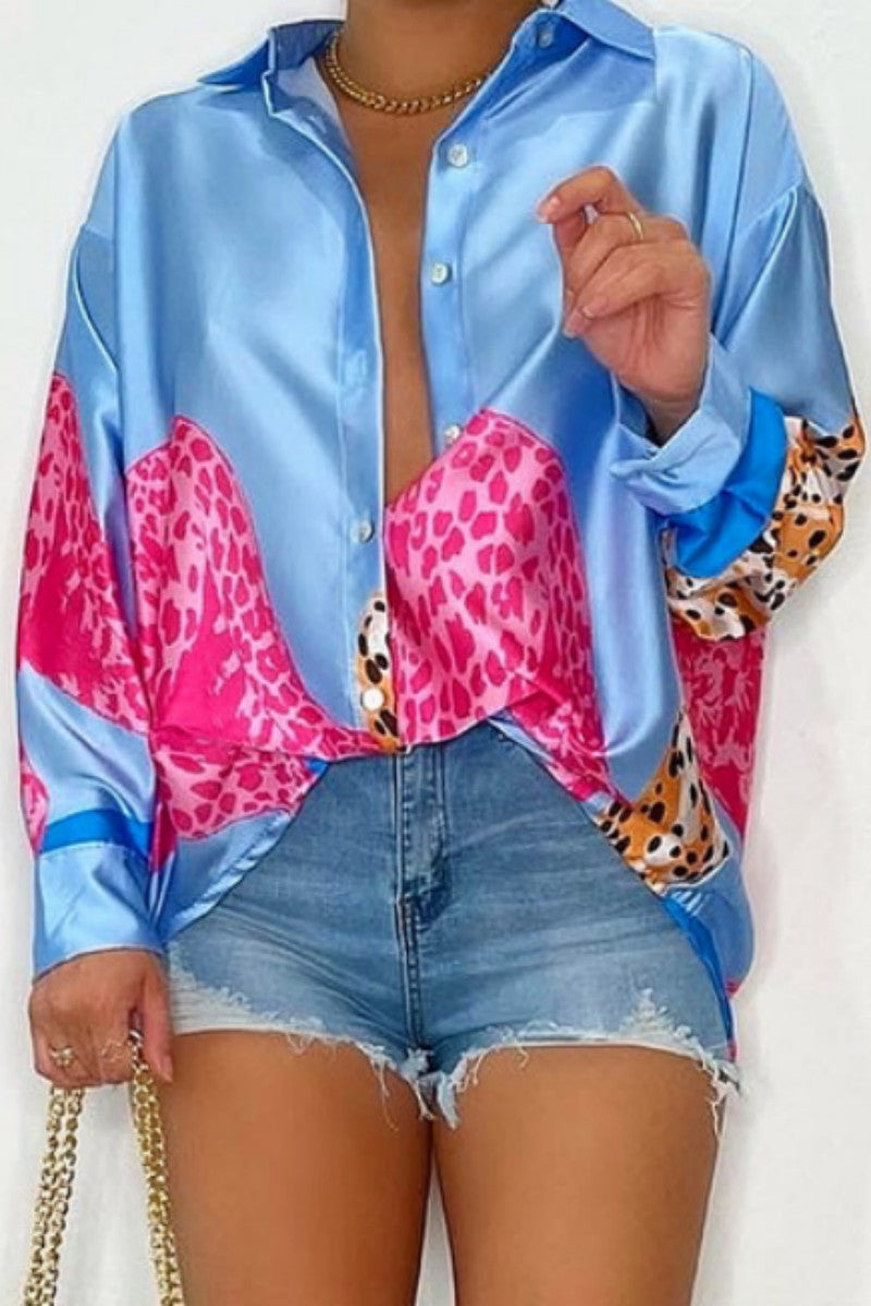 Blusas casuales con cuello vuelto y estampado de patchwork