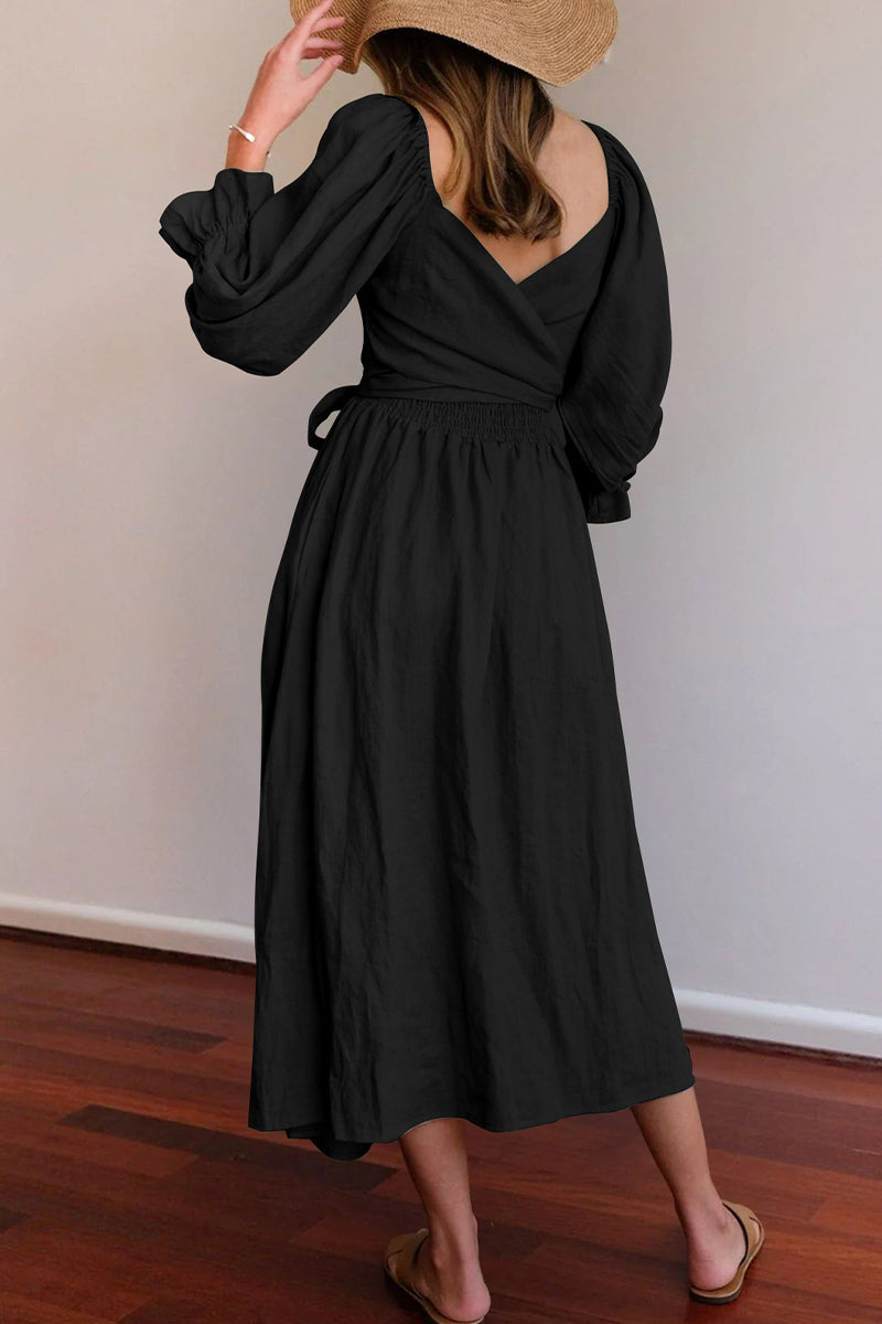 Elegante vestido de línea A con cuello cuadrado y volantes lisos (5 colores)