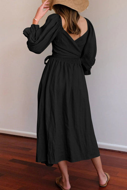 Elegante vestido de línea A con cuello cuadrado y volantes lisos (5 colores)