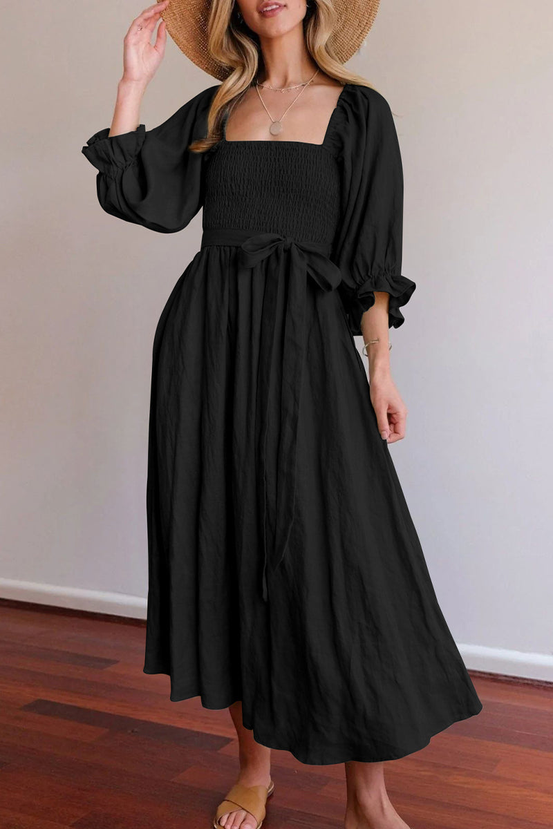 Elegante vestido de línea A con cuello cuadrado y volantes lisos (5 colores)