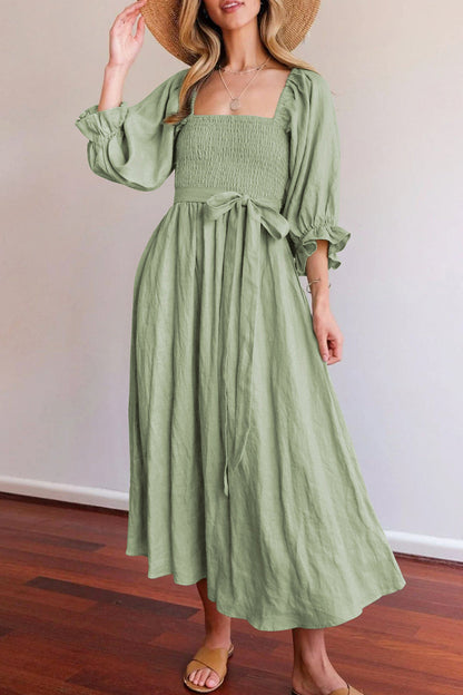 Elegante vestido de línea A con cuello cuadrado y volantes lisos (5 colores)