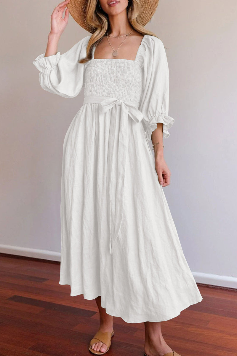 Elegante vestido de línea A con cuello cuadrado y volantes lisos (5 colores)